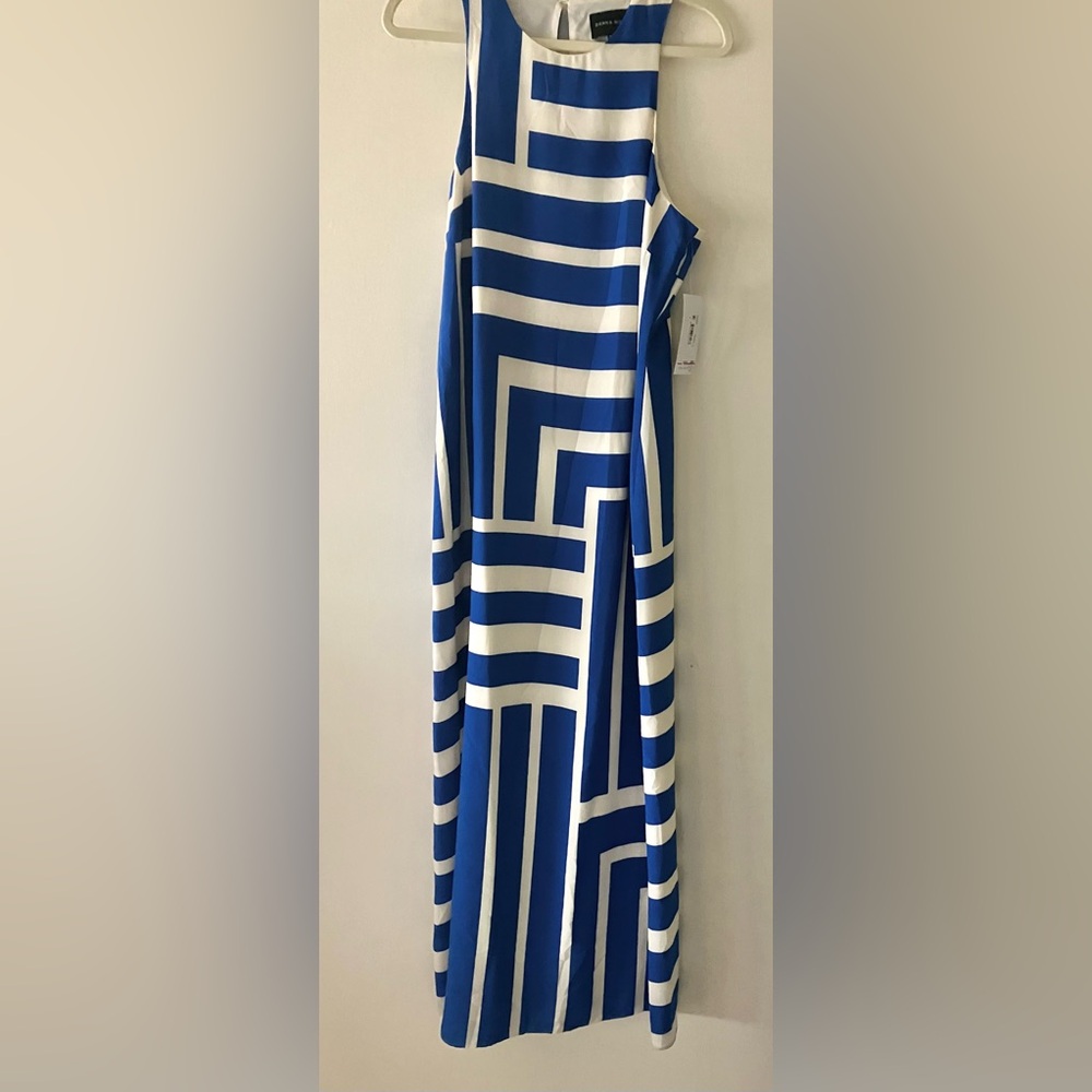 Donna Morgan Blue & Cream Geo Striped Sleeveless  Midi/Maxi Dress: Size 8 - Picture 4 of 5